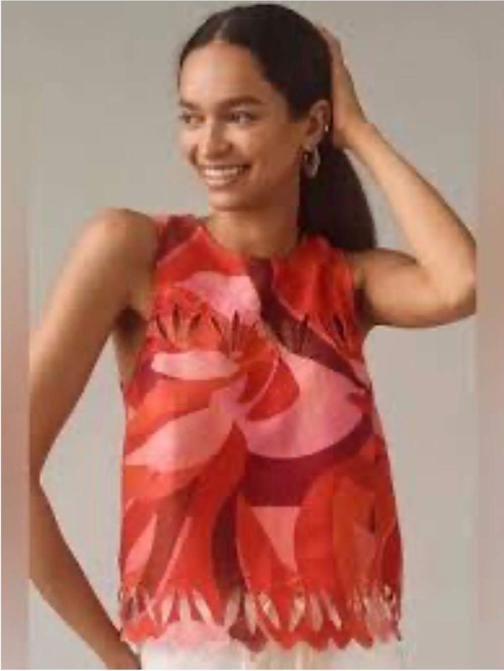 FARM Rio Red and Pink Floral Cutout-Hem Sleeveless Top